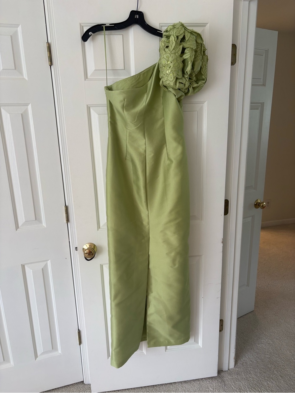 Badgley Mischka Lime One Shoulder Gown with Floral Appliqué - Picture 3 of 3